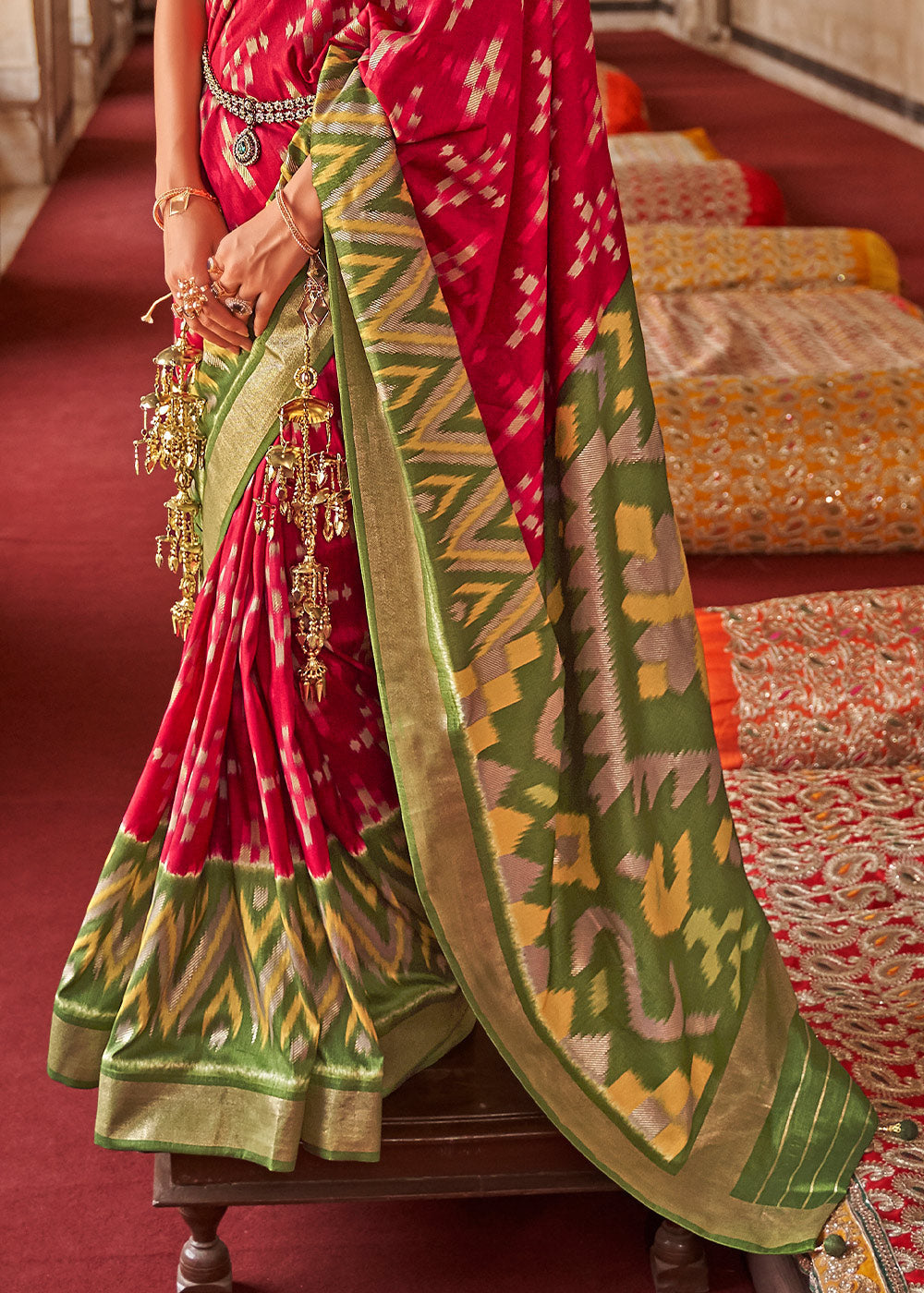 Buy MySilkLove Cedar Red and Green Printed Patola Silk Saree Online