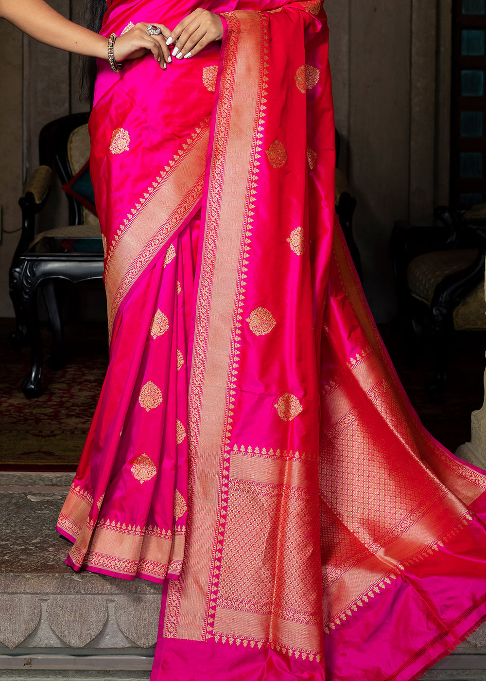 Buy MySilkLove Razzle Pink Hand Woven Katan Pure Silk Saree Online