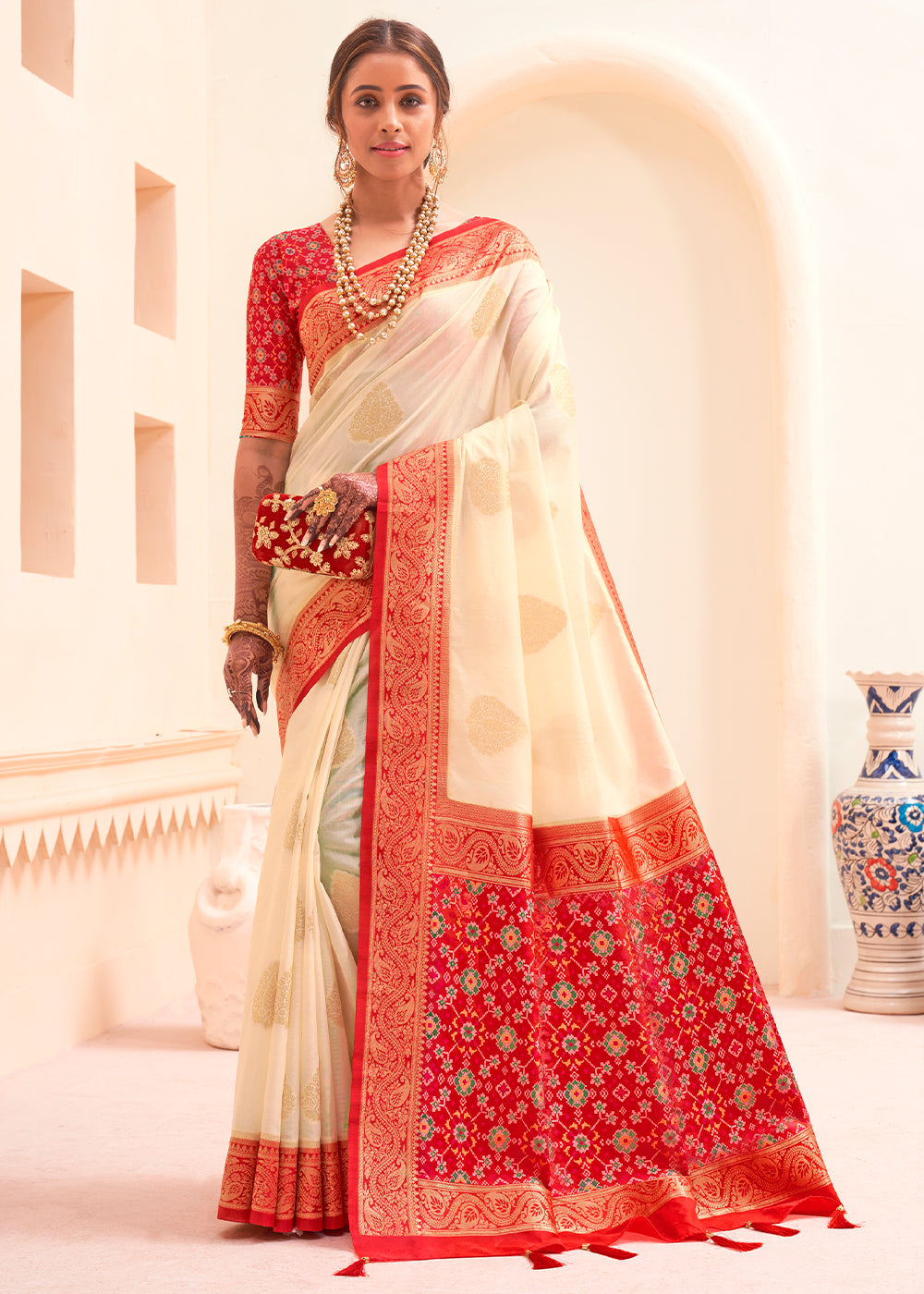 Buy MySilkLove Maize White and Red Zari Woven Banarasi Silk Saree Online