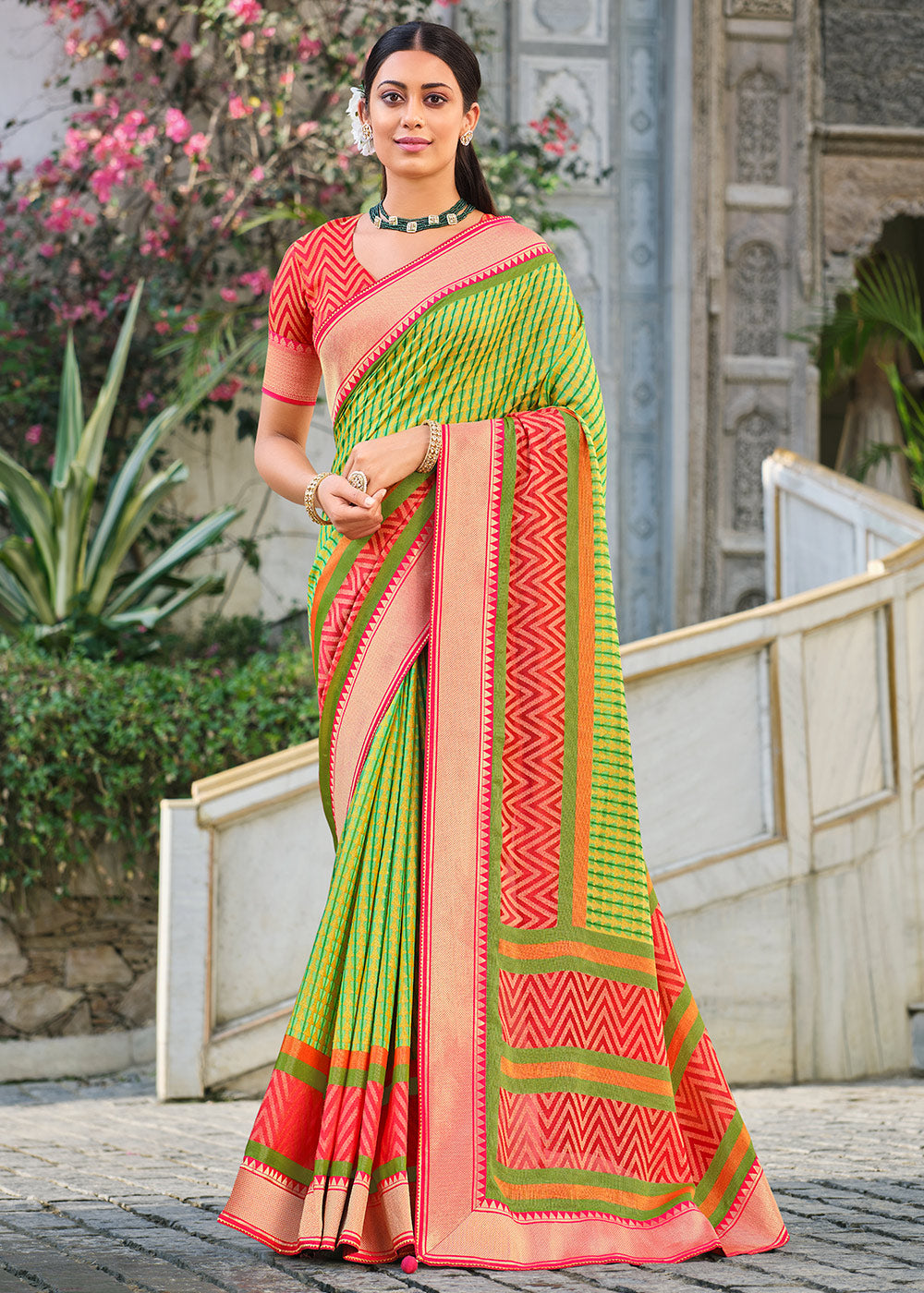 Buy MySilkLove Celery Green and Red Brasso Patola Printed Saree Online