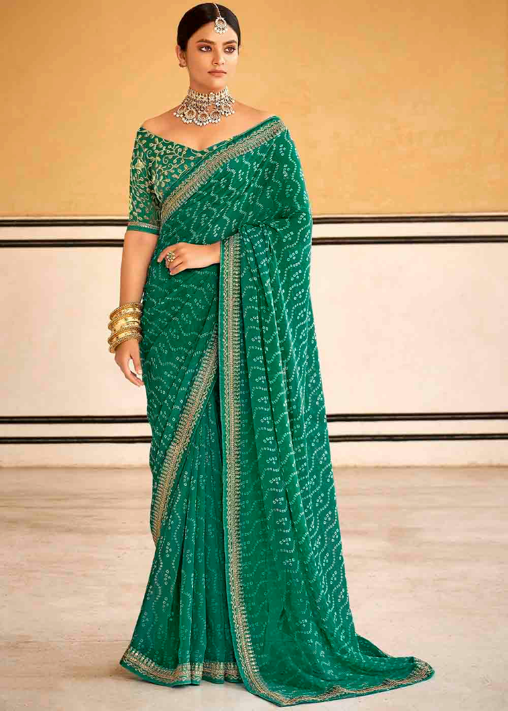 Buy MySilkLove Fun Green Georgette Leheriya Printed Saree with Embroidered Blouse Online