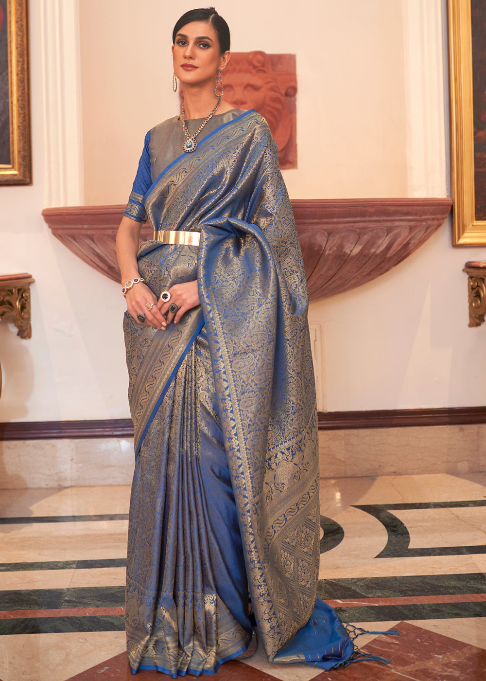 Buy MySilkLove Bdazzled Blue Woven Kanjivaram Silk Saree Online