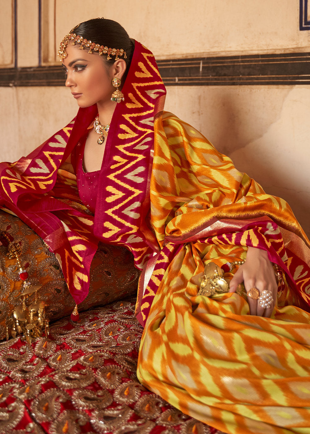 MySilkLove Buttercup Yellow and Red Printed Patola Silk Saree