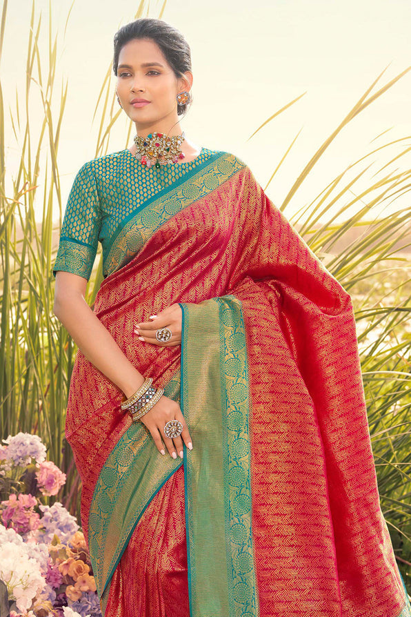 Buy MySilkLove Crail Pink and Blue Woven Kanjivaram Saree Online