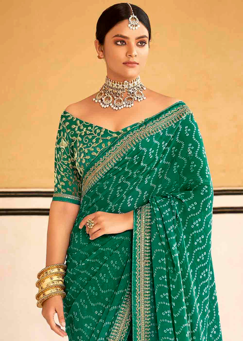 MySilkLove Fun Green Georgette Leheriya Printed Saree with Embroidered Blouse