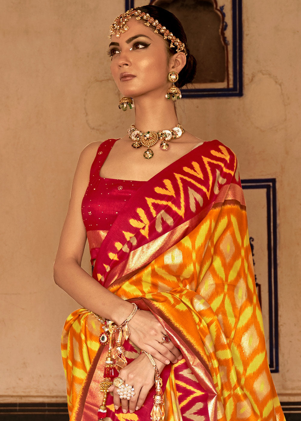 Buy MySilkLove Buttercup Yellow and Red Printed Patola Silk Saree Online