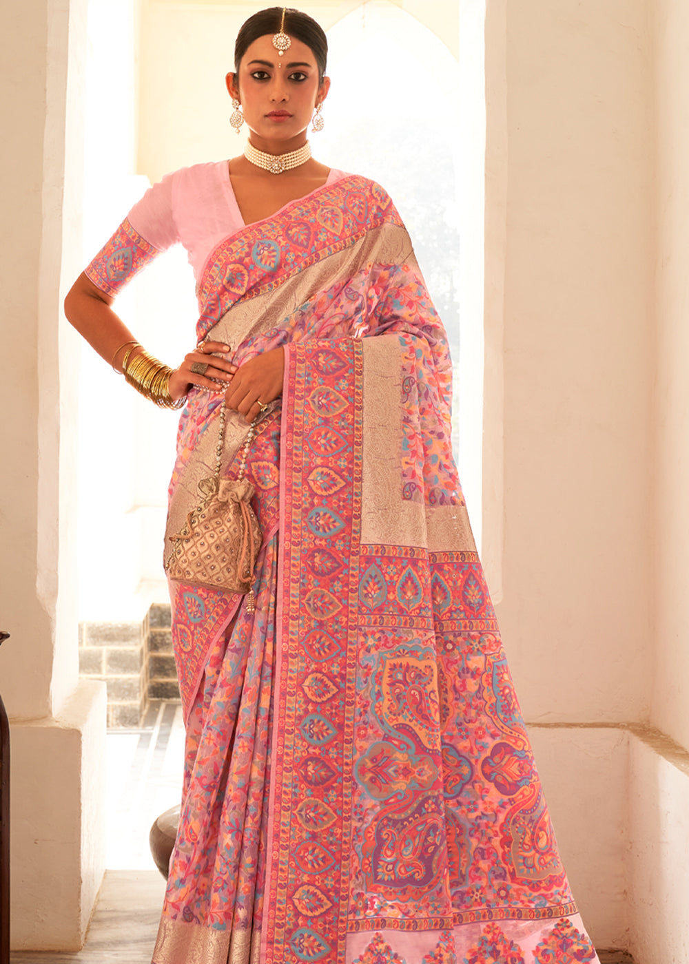 Buy MySilkLove Apricot Pink Woven Banarasi Jamewar Kashmiri Silk Saree Online