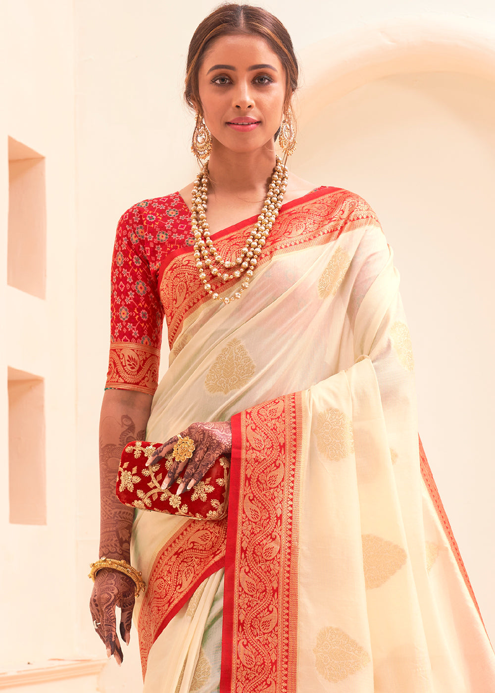 Buy MySilkLove Maize White and Red Zari Woven Banarasi Silk Saree Online