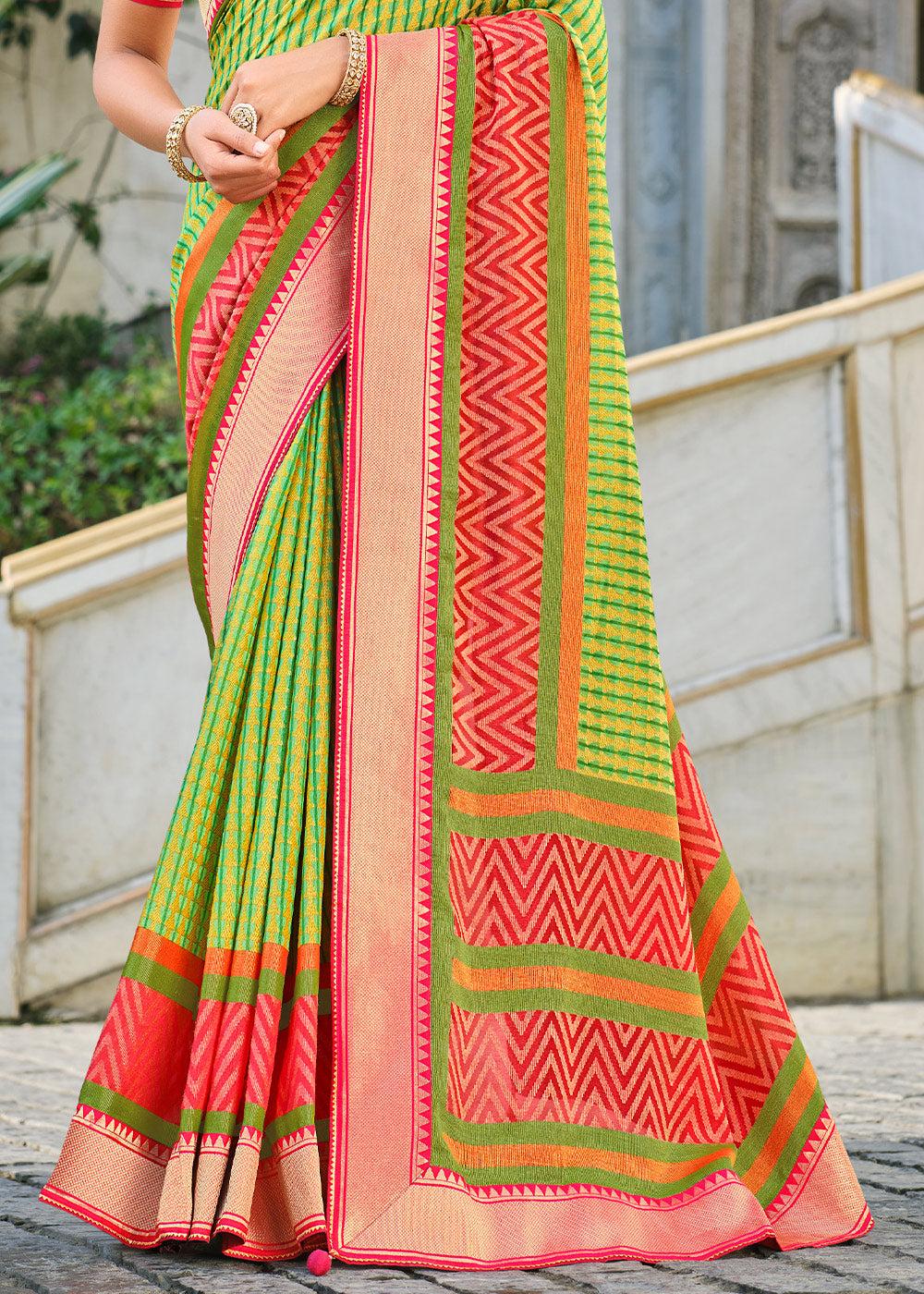 Buy MySilkLove Celery Green and Red Brasso Patola Printed Saree Online