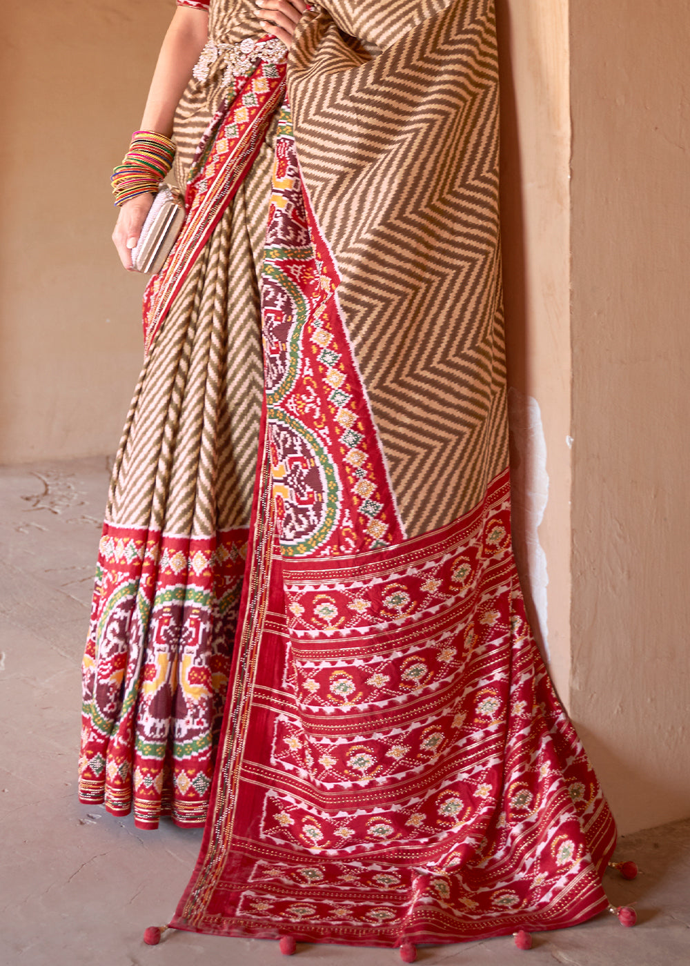 Buy MySilkLove Teak Brown and Red Printed Patola Silk Saree Online