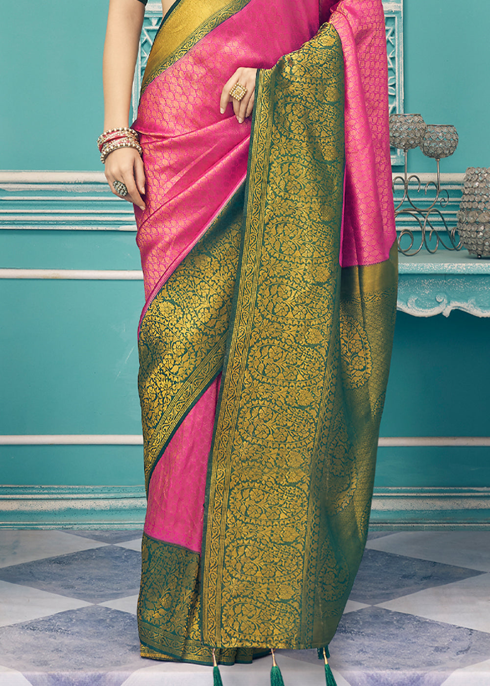 Buy MySilkLove Tickle Me Pink and Green kanjivaram Saree Online