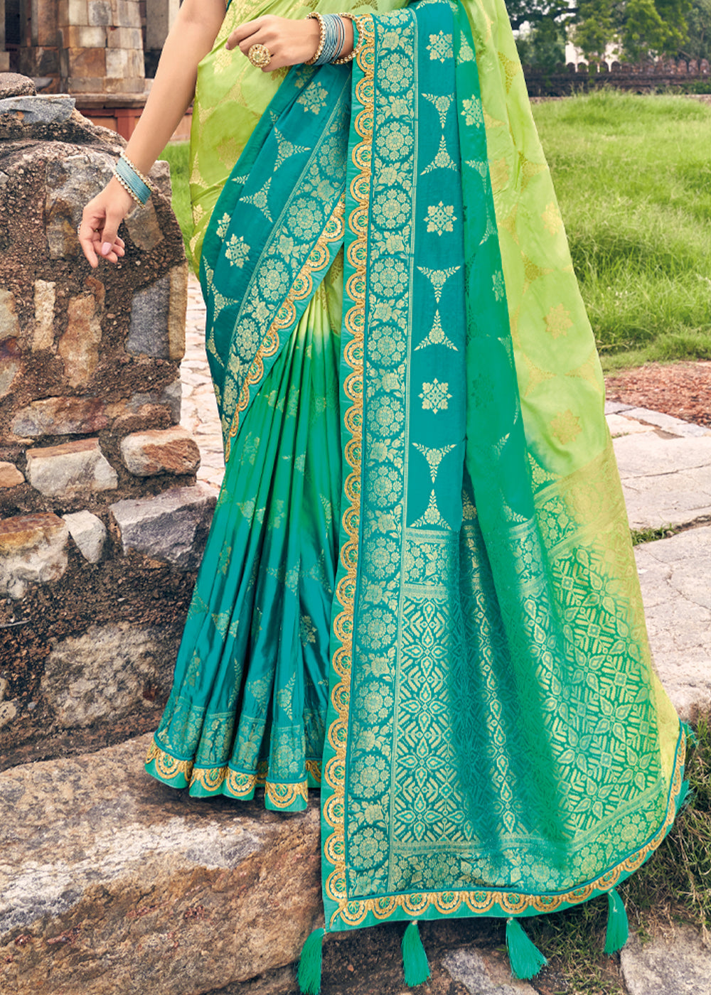 Buy MySilkLove Celery Green and Blue Zari Woven Designer Banarasi Saree Online