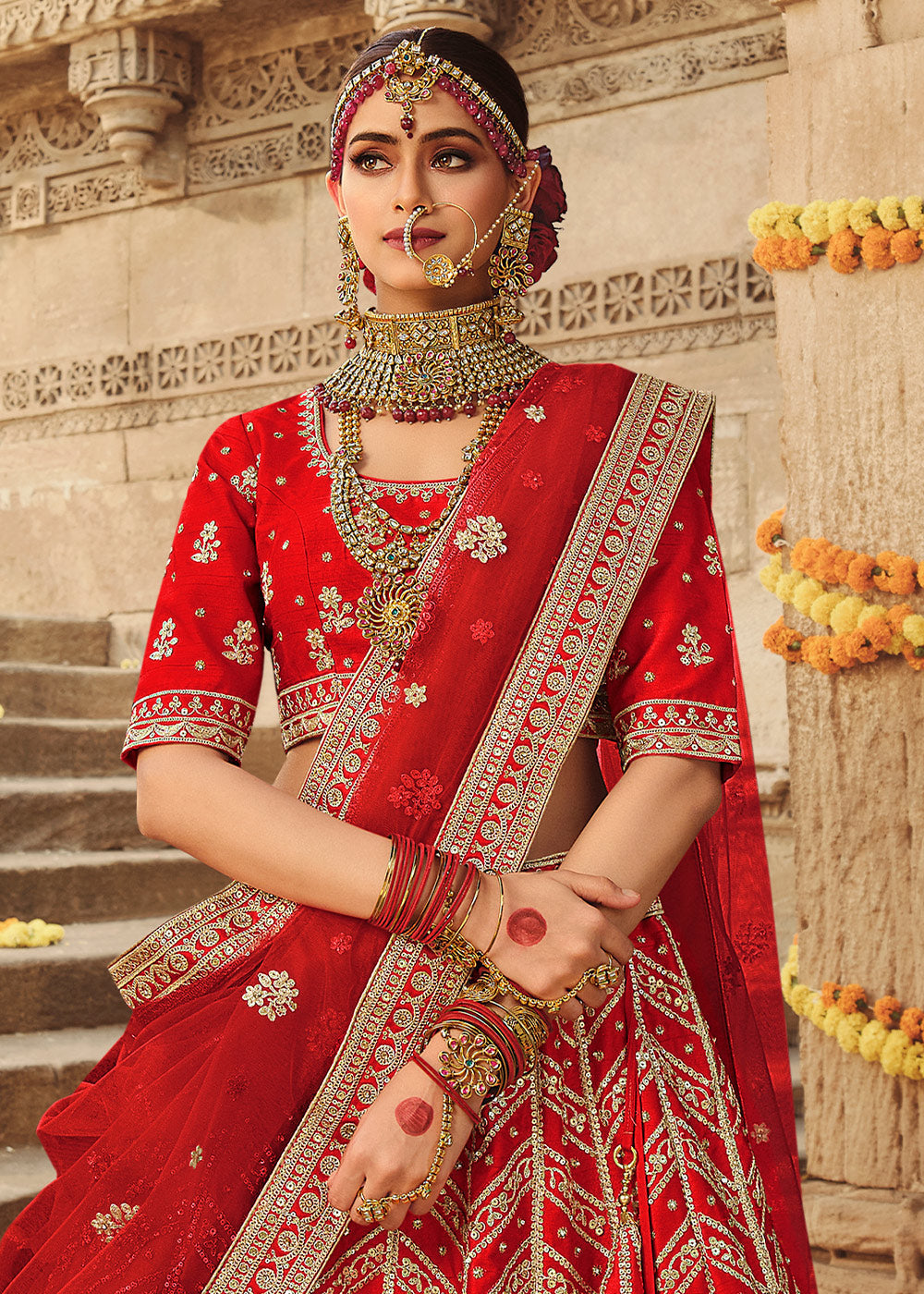 Buy MySilkLove Crimson Red Silk Lehenga Choli With Heavy Zari Embroidery Online