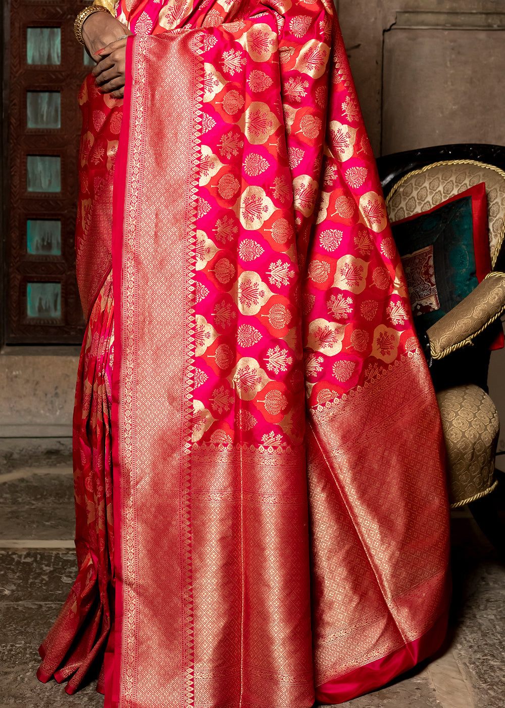 Buy MySilkLove Radical Red  Hand Woven Katan Pure Silk Saree Online