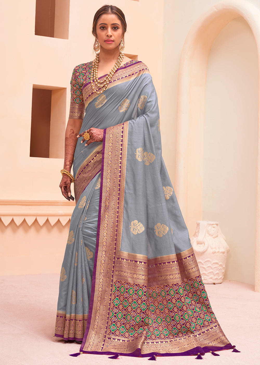 Buy MySilkLove Mantle Grey and Purple Zari Woven Banarasi Silk Saree Online