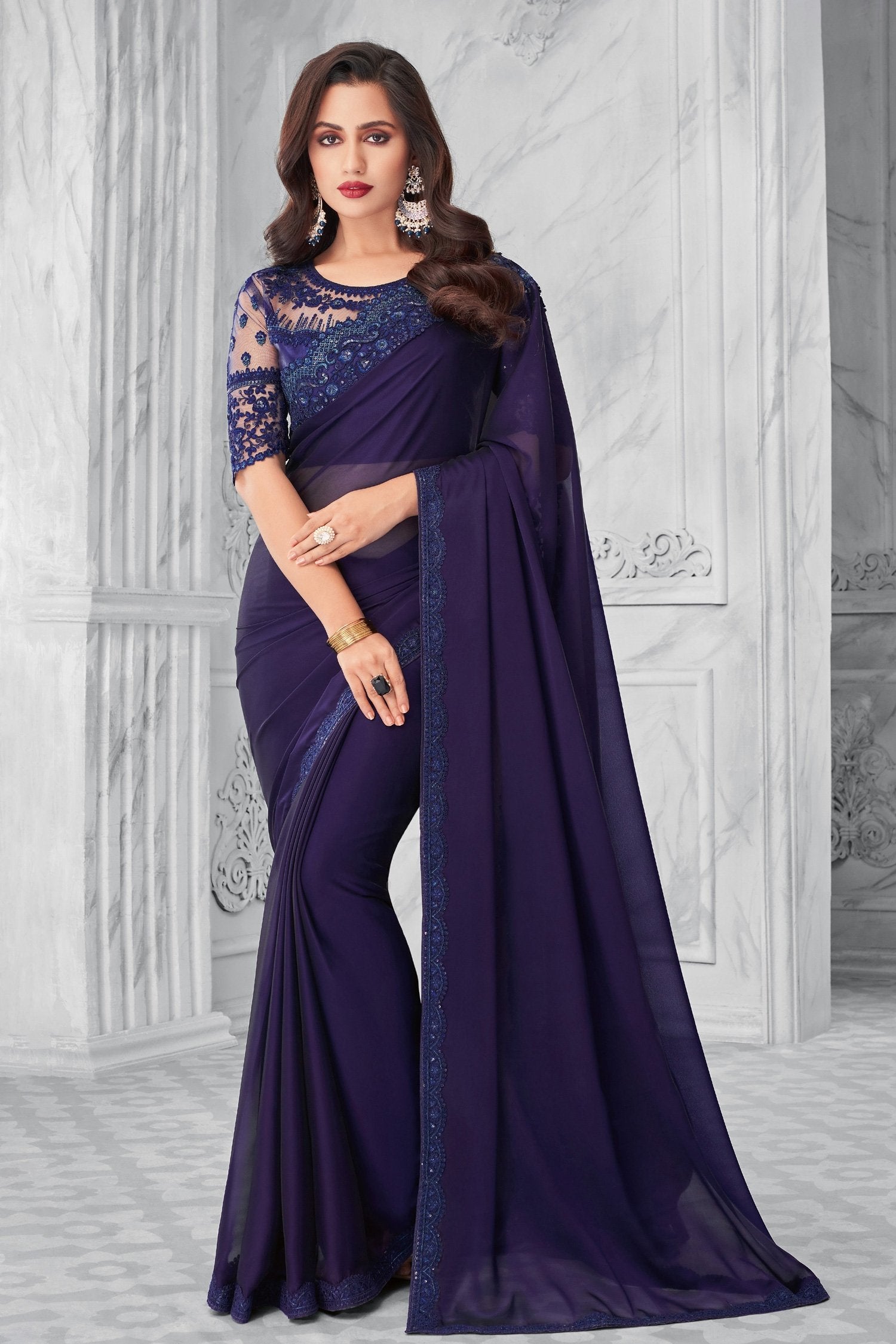 Buy MySilkLove Martinique Blue Two Tone Georgette Designer Silk Saree Online