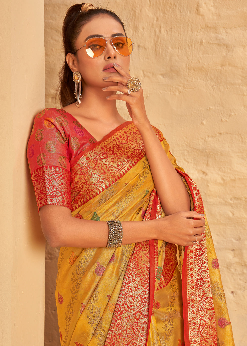 Buy MySilkLove Tulip Tree Yellow Woven Banarasi Brocade Silk Saree Online