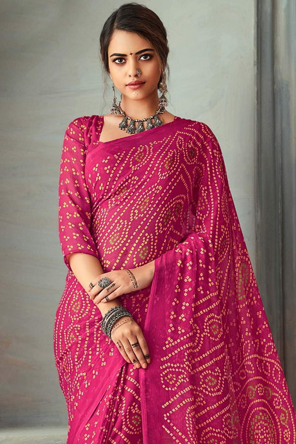 Buy MySilkLove Shimmer Pink Chiffon Bandhani Printed Saree Online