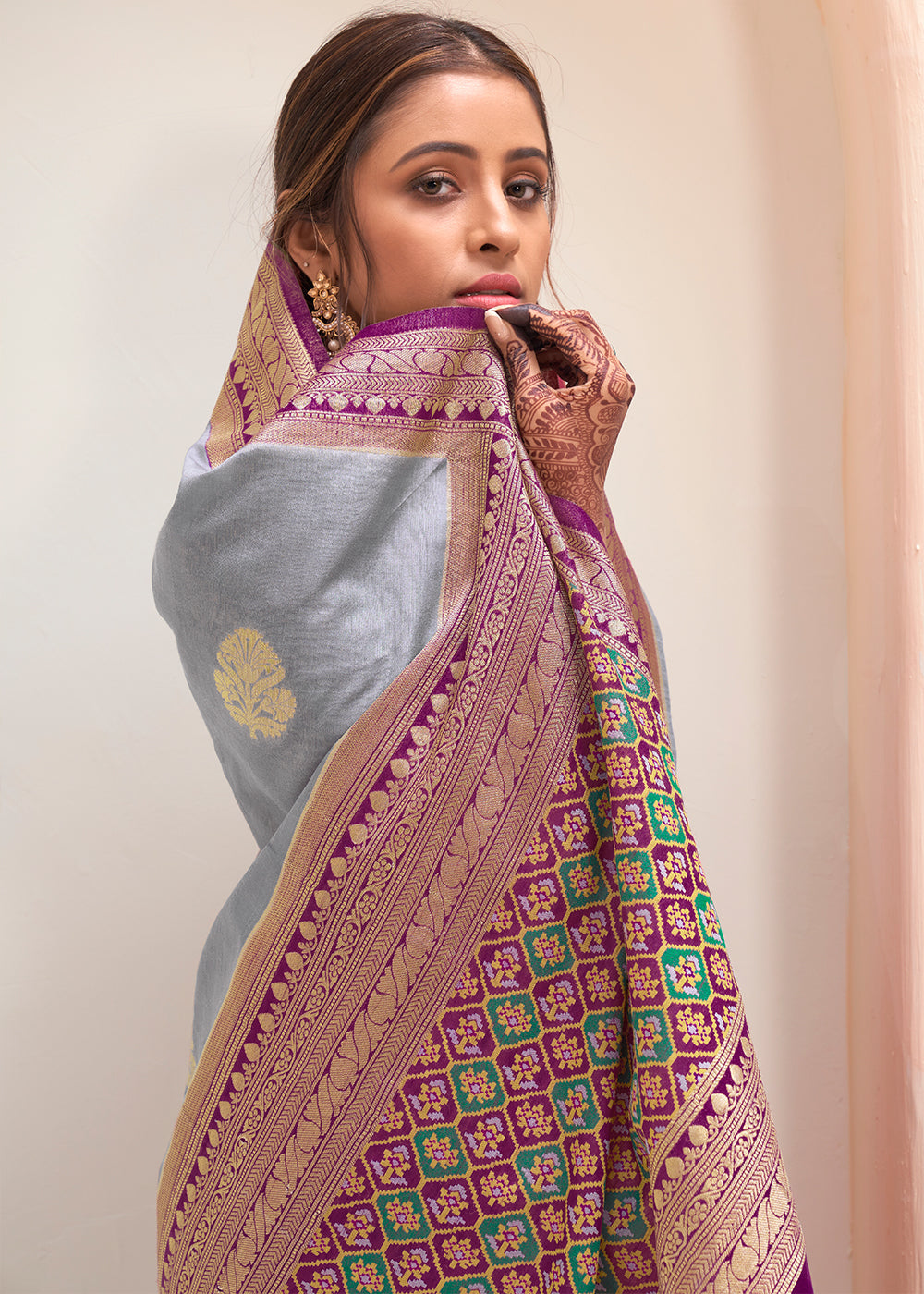 MySilkLove Mantle Grey and Purple Zari Woven Banarasi Silk Saree