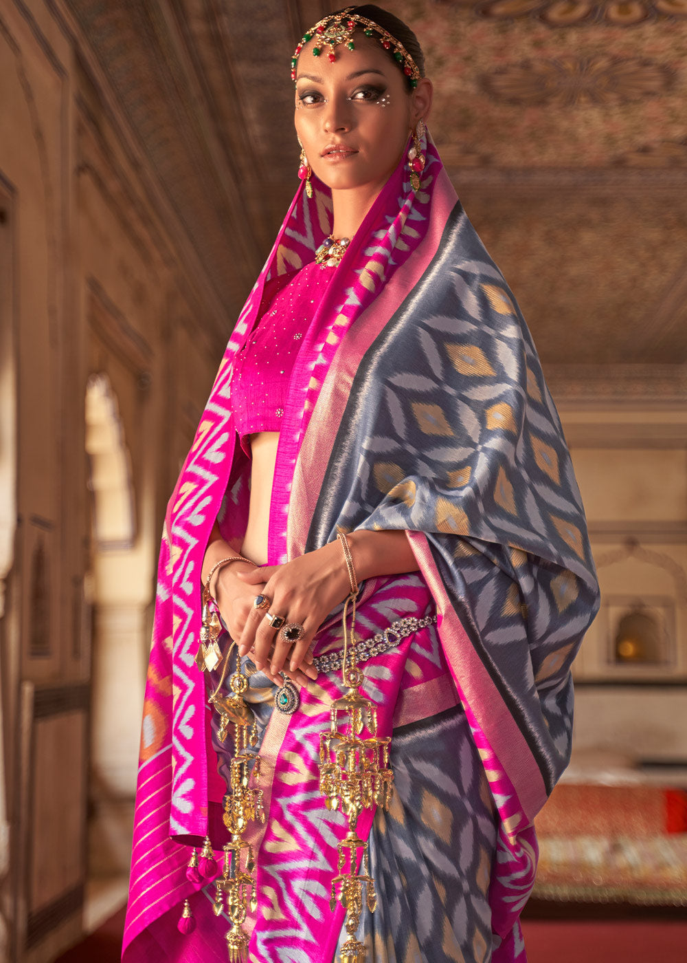 Buy MySilkLove Smoke Grey and Pink Printed Patola Silk Saree Online