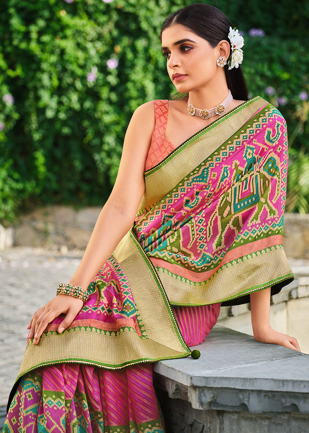 Buy MySilkLove Froly Pink and Green Brasso Patola Printed Saree Online