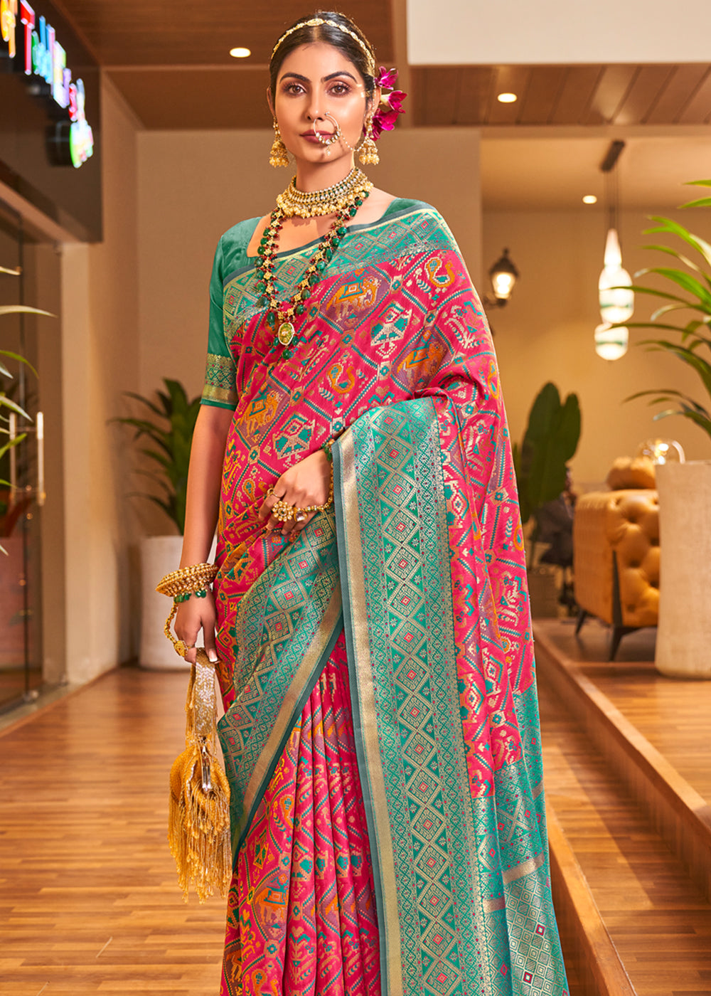 Buy MySilkLove Fiery Rose Pink Woven Banarasi Patola Silk Saree Online