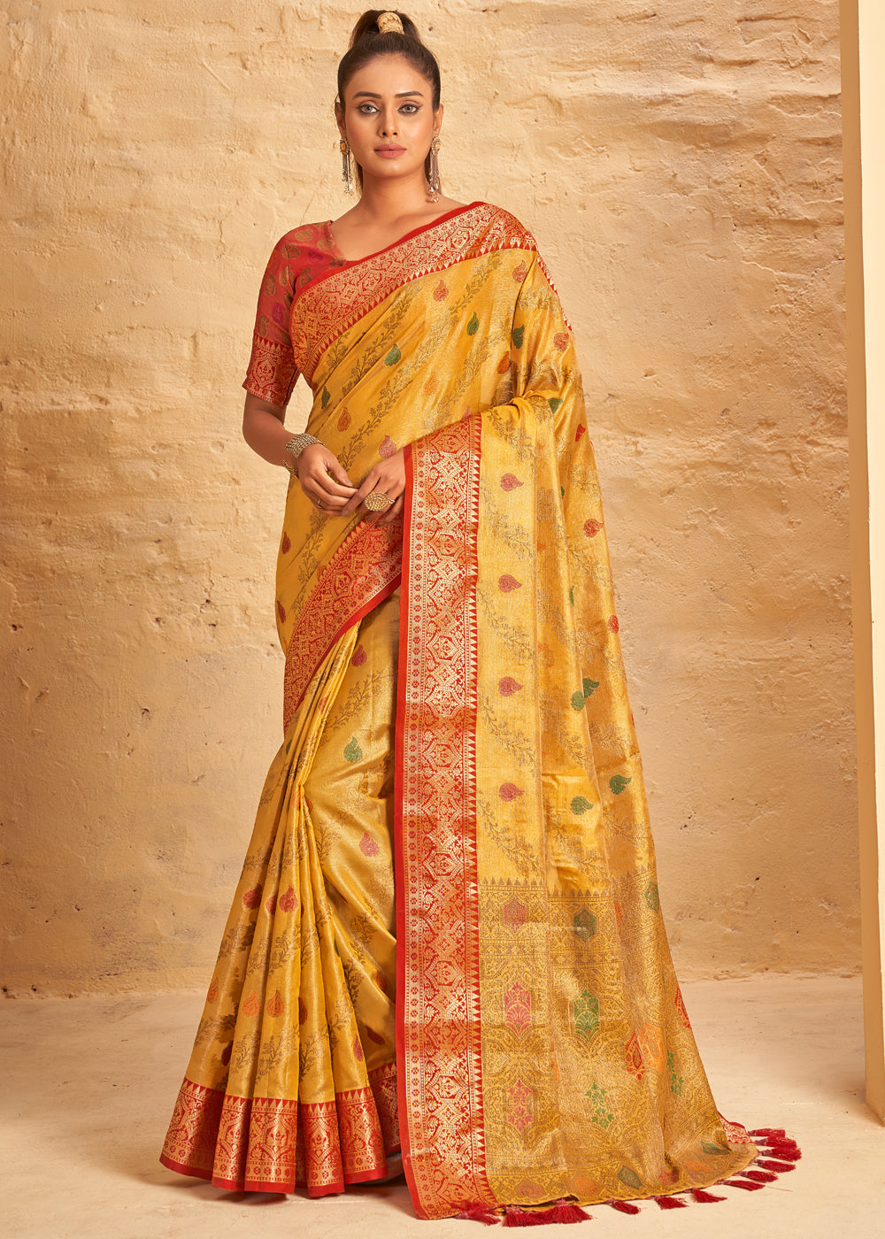 Buy MySilkLove Tulip Tree Yellow Woven Banarasi Brocade Silk Saree Online