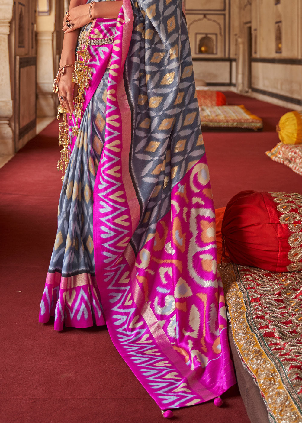 Buy MySilkLove Smoke Grey and Pink Printed Patola Silk Saree Online