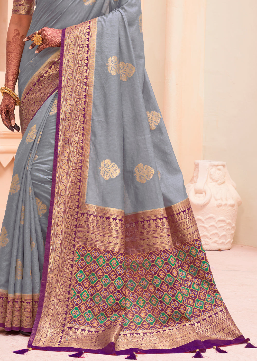 Buy MySilkLove Mantle Grey and Purple Zari Woven Banarasi Silk Saree Online