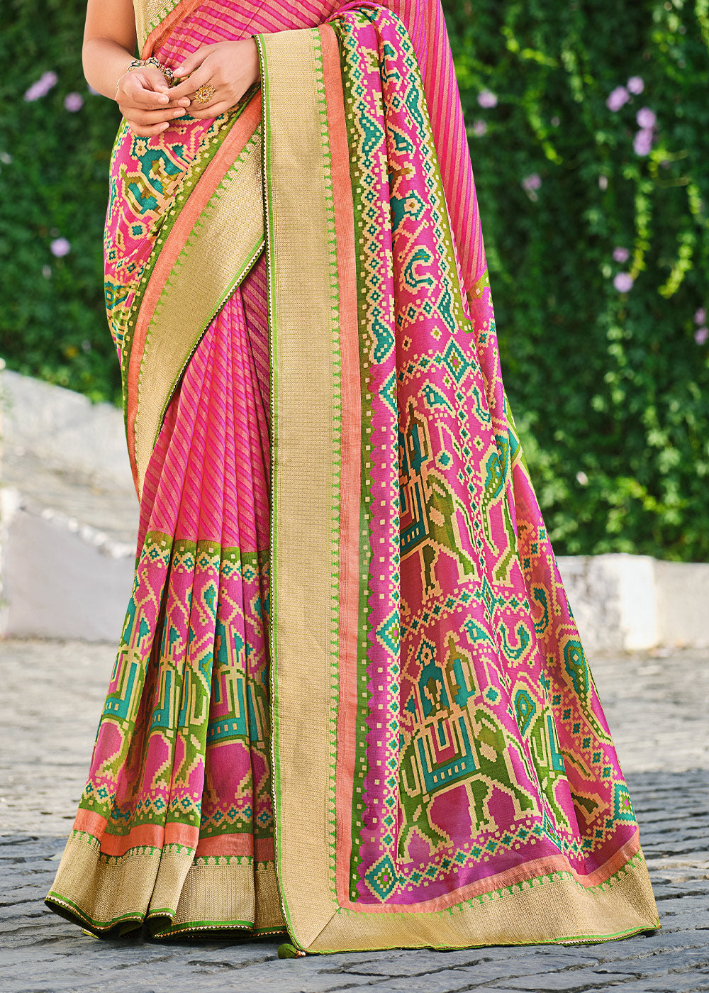 Buy MySilkLove Froly Pink and Green Brasso Patola Printed Saree Online