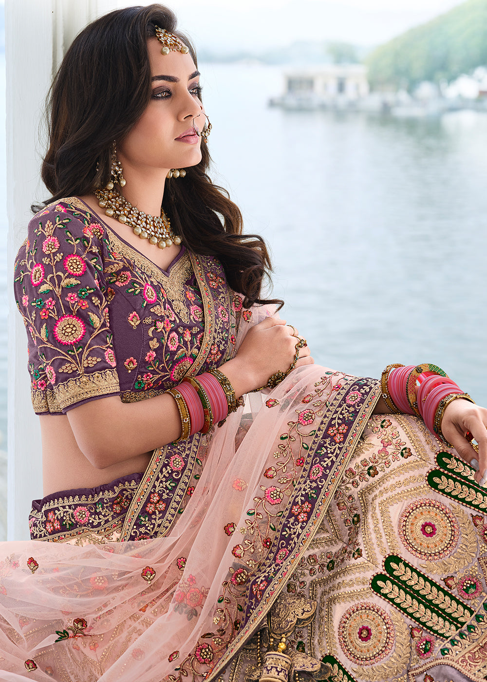 Buy MySilkLove Eunry Pink and Purple Dual Tone Heavy Embroidered Velvet Lehenga Online