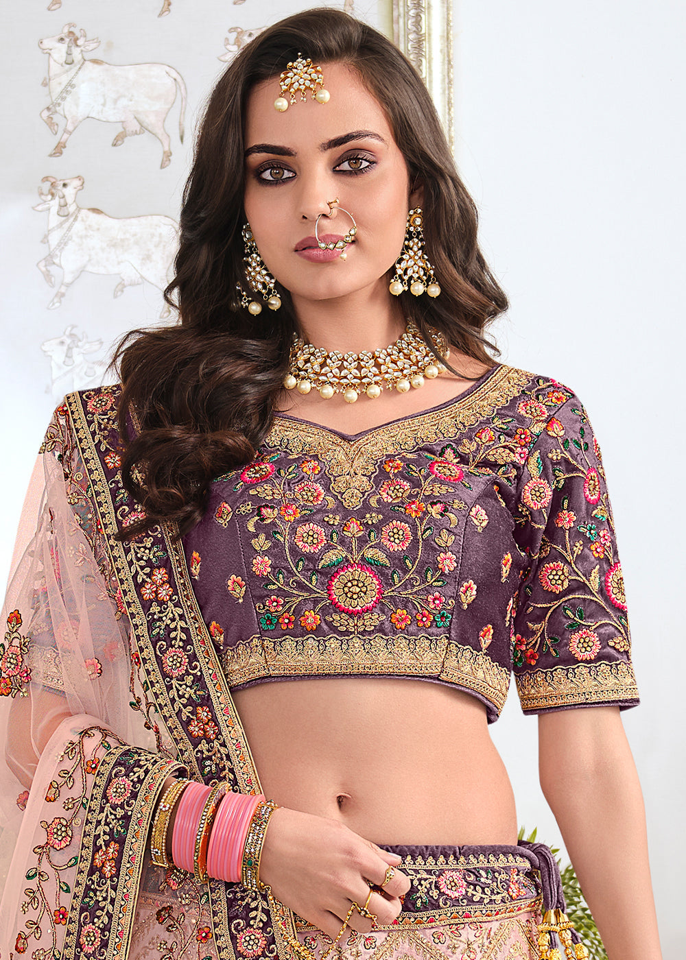 Buy MySilkLove Eunry Pink and Purple Dual Tone Heavy Embroidered Velvet Lehenga Online