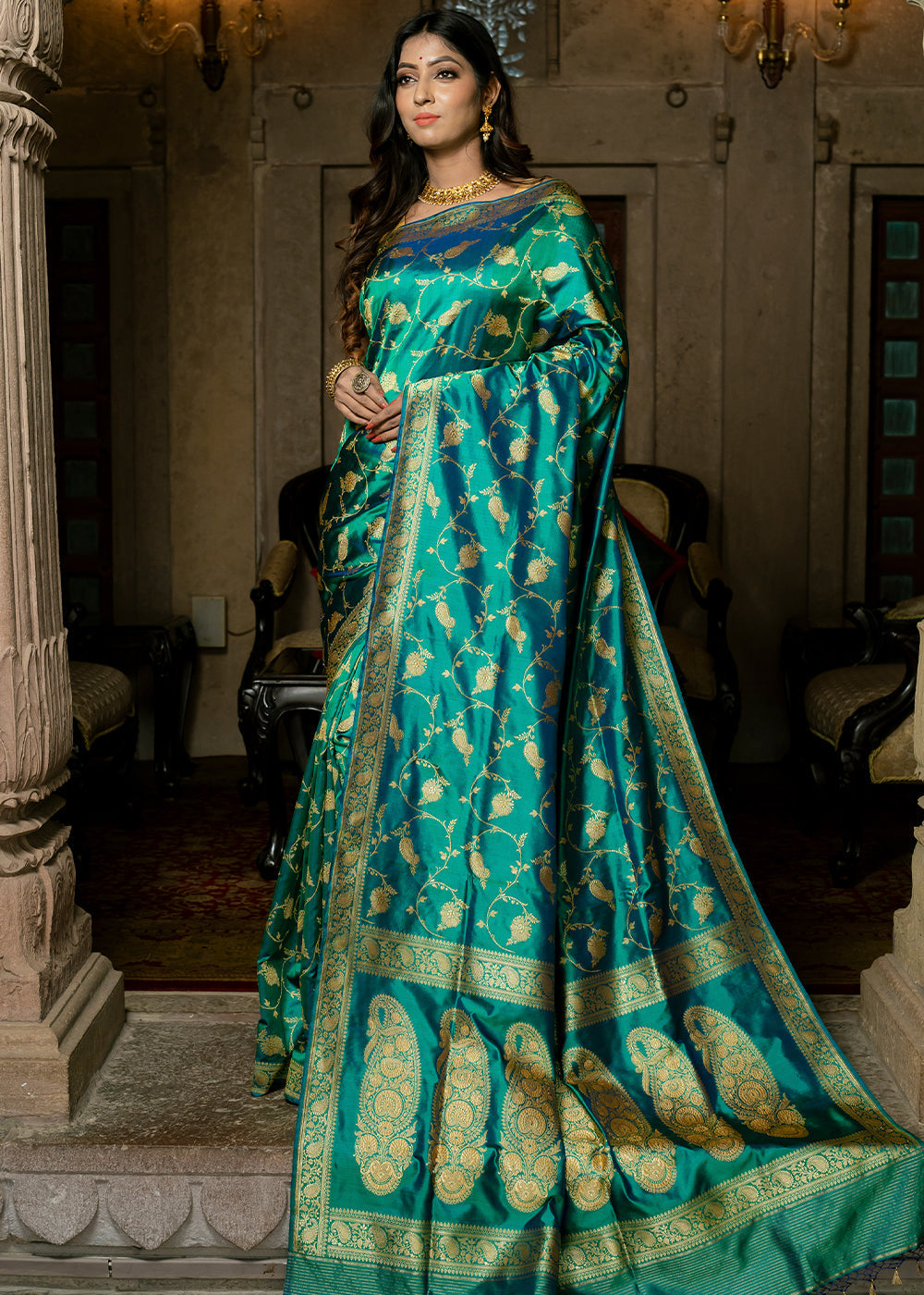 Buy MySilkLove Persian Green Hand Woven Katan Pure Silk Saree Online