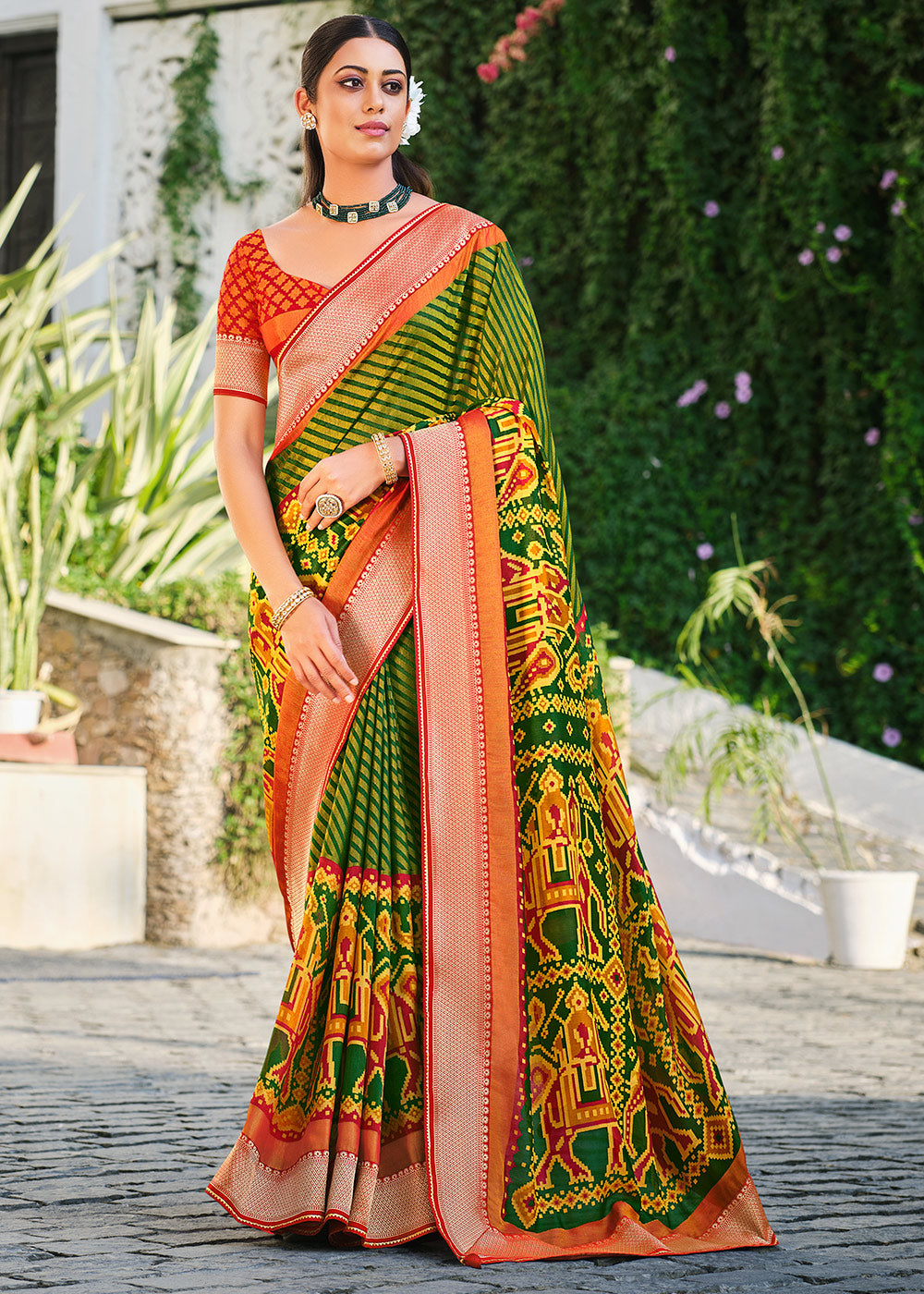 Buy MySilkLove Pacifika Green and Red Brasso Patola Printed Saree Online