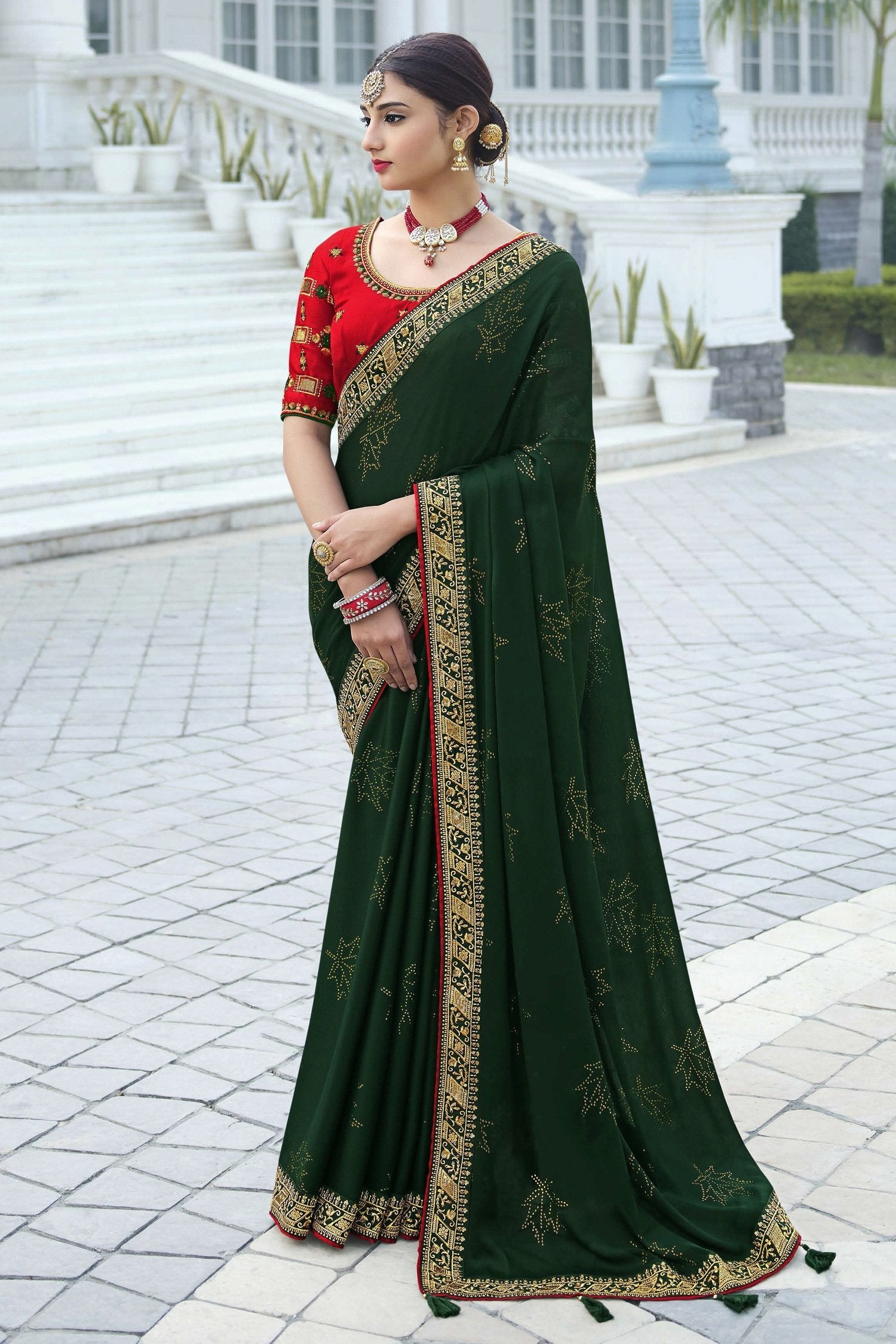 Buy MySilkLove Celtic Green and Red Chiffon Stone Work Saree Online