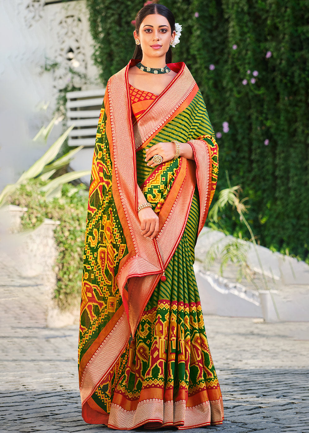 MySilkLove Pacifika Green and Red Brasso Patola Printed Saree