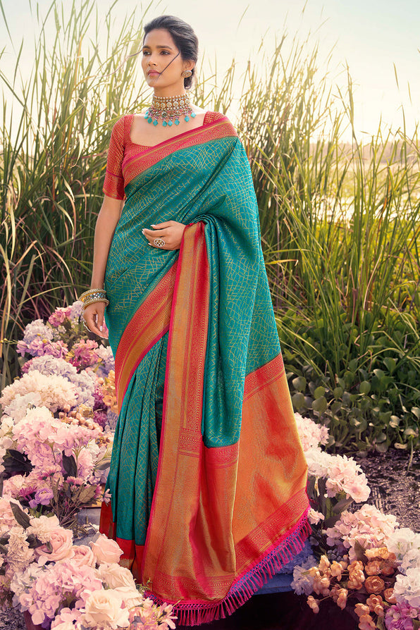 Buy MySilkLove Ming Blue and Red Woven Kanjivaram Saree Online