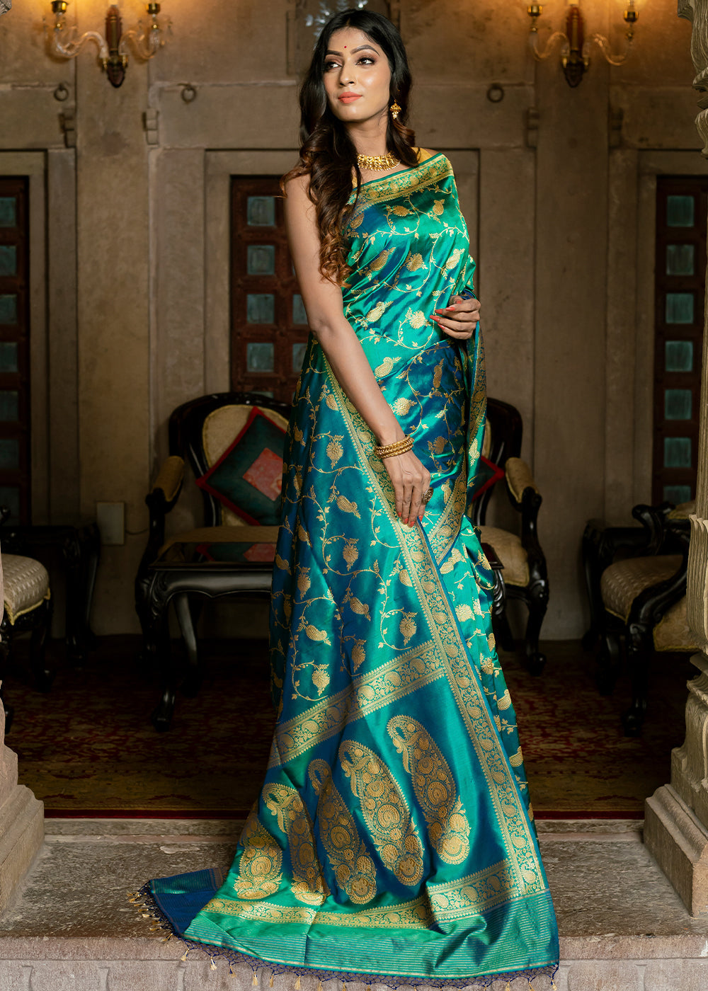 Buy MySilkLove Persian Green Hand Woven Katan Pure Silk Saree Online