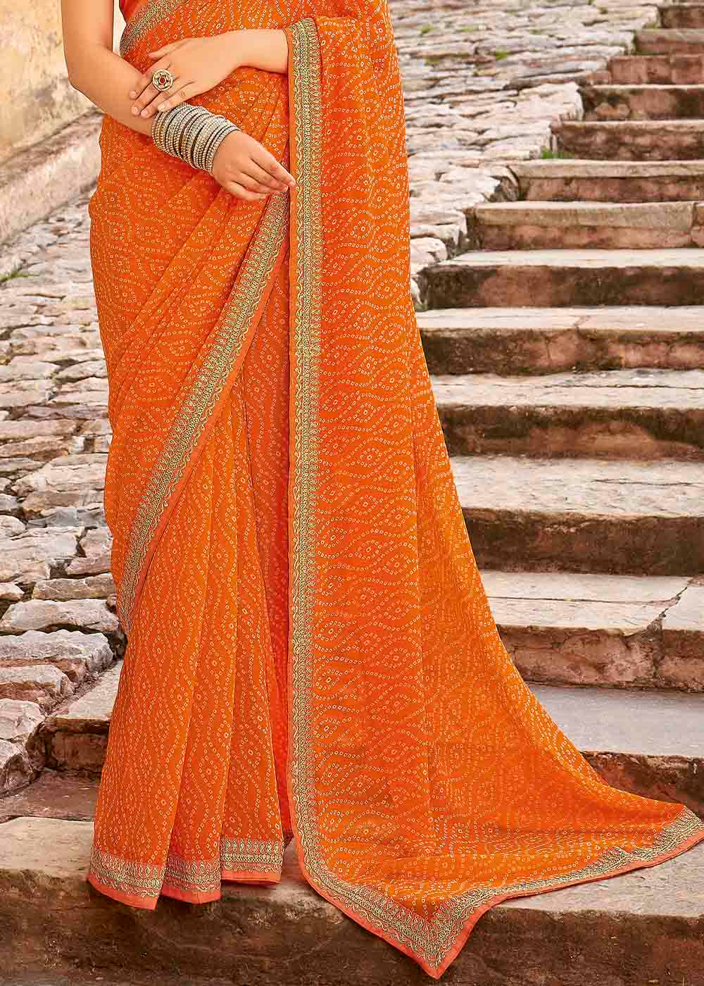 Buy MySilkLove Flamingo Orange Georgette Leheriya Printed Saree with Embroidered Blouse Online