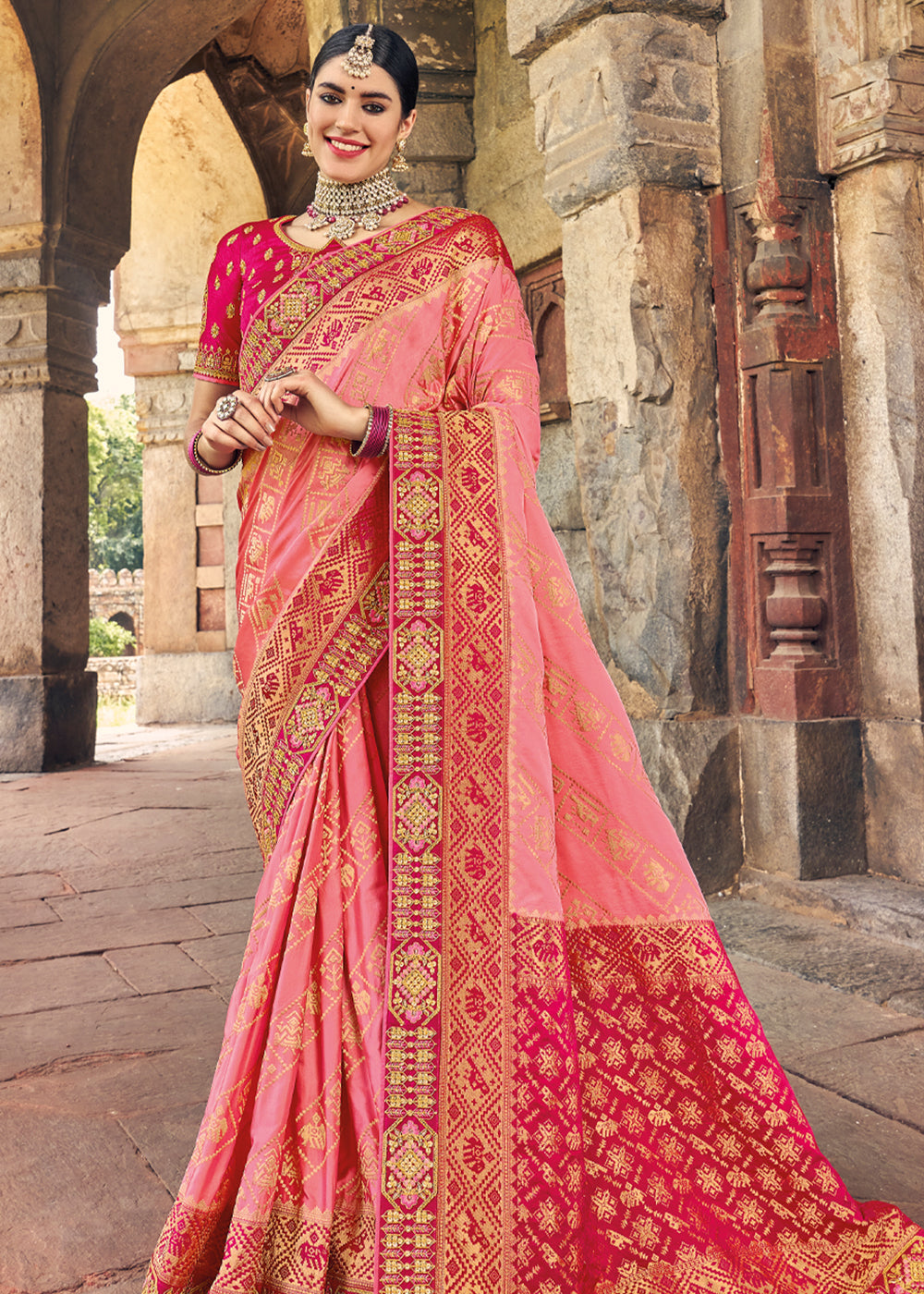 Buy MySilkLove Apricot Pink and Red Zari Woven Designer Banarasi Saree Online