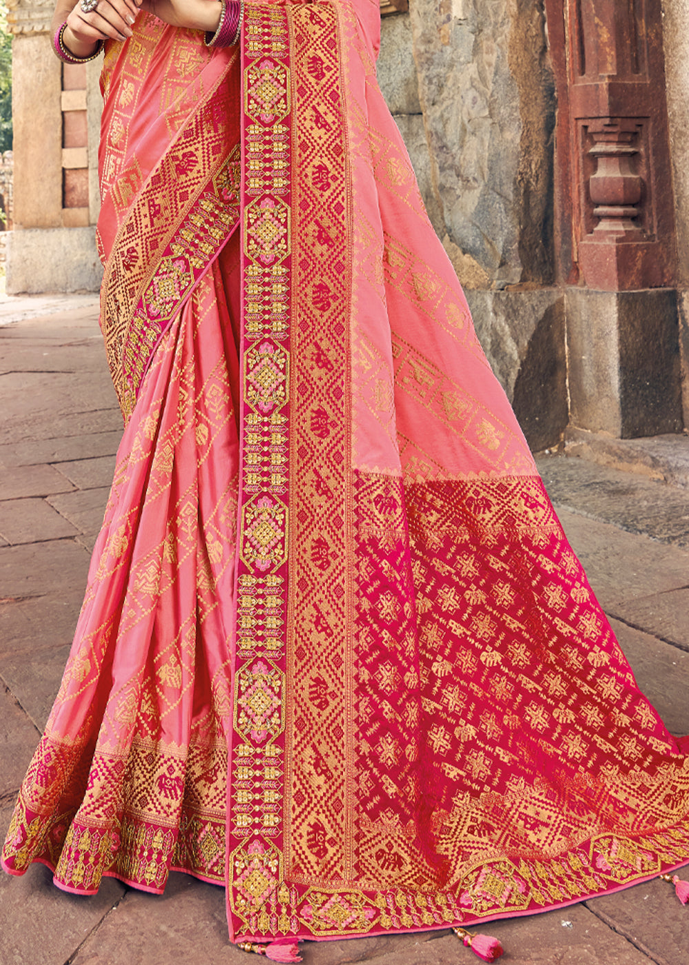 Buy MySilkLove Apricot Pink and Red Zari Woven Designer Banarasi Saree Online