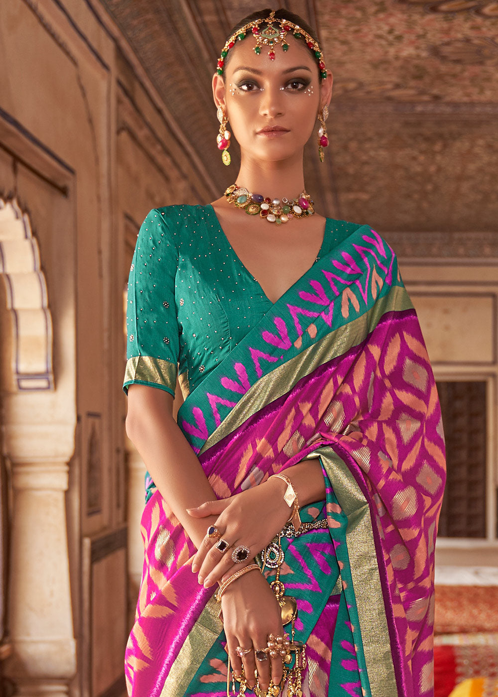 Buy MySilkLove Orchid Pink and Blue Printed Patola Silk Saree Online