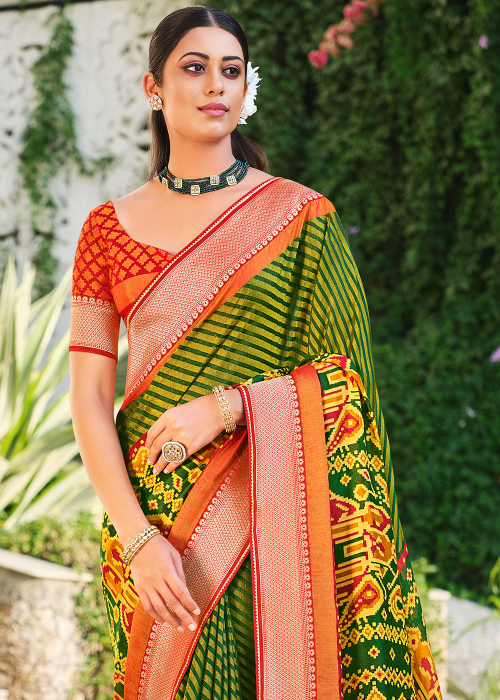 Buy MySilkLove Pacifika Green and Red Brasso Patola Printed Saree Online