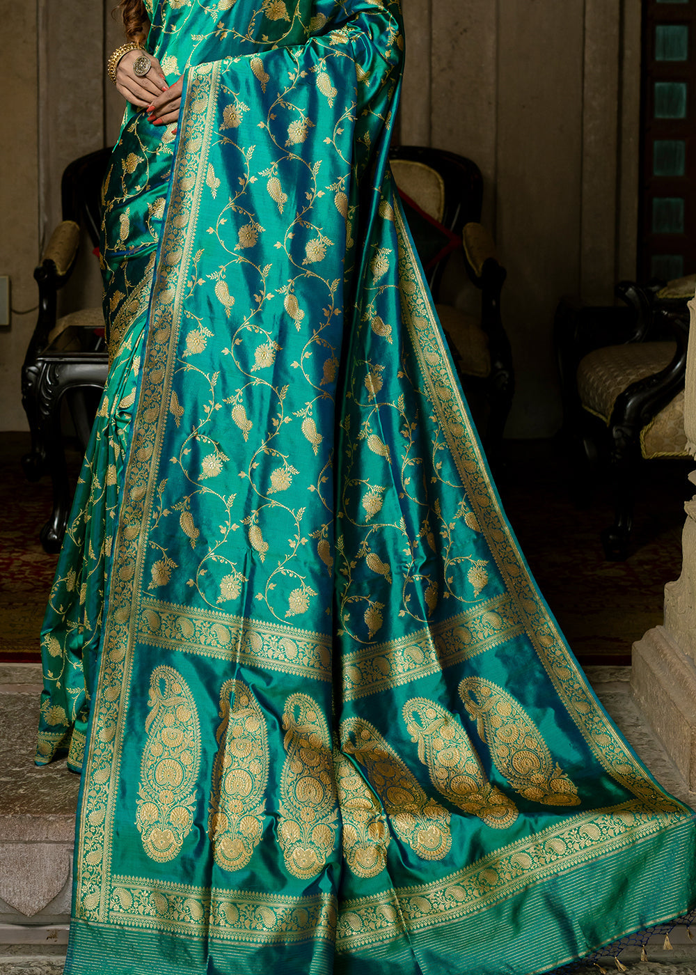 Buy MySilkLove Persian Green Hand Woven Katan Pure Silk Saree Online