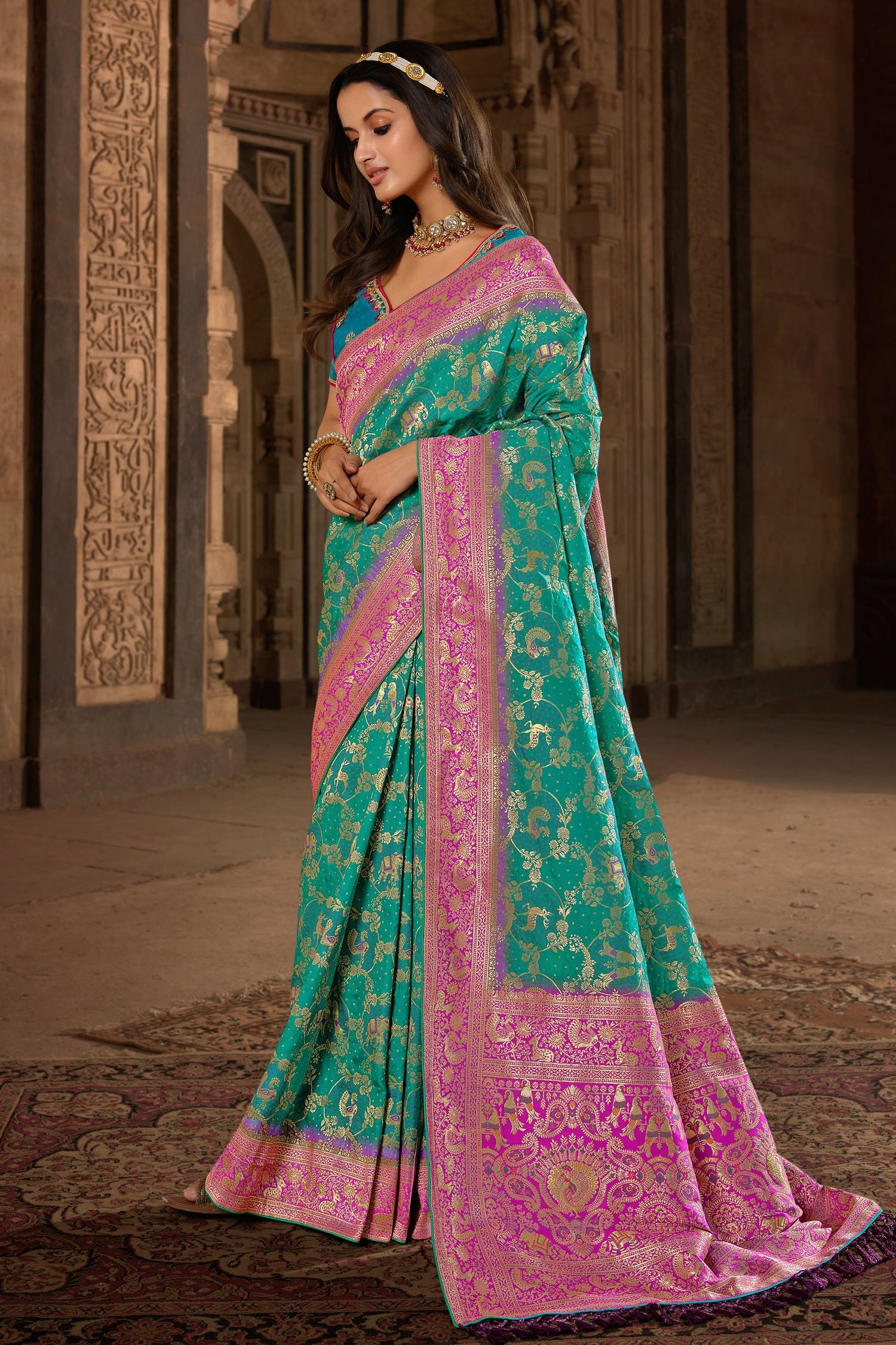 Buy MySilkLove Emerald Blue and Pink Designer Banarasi Woven Silk Saree Online