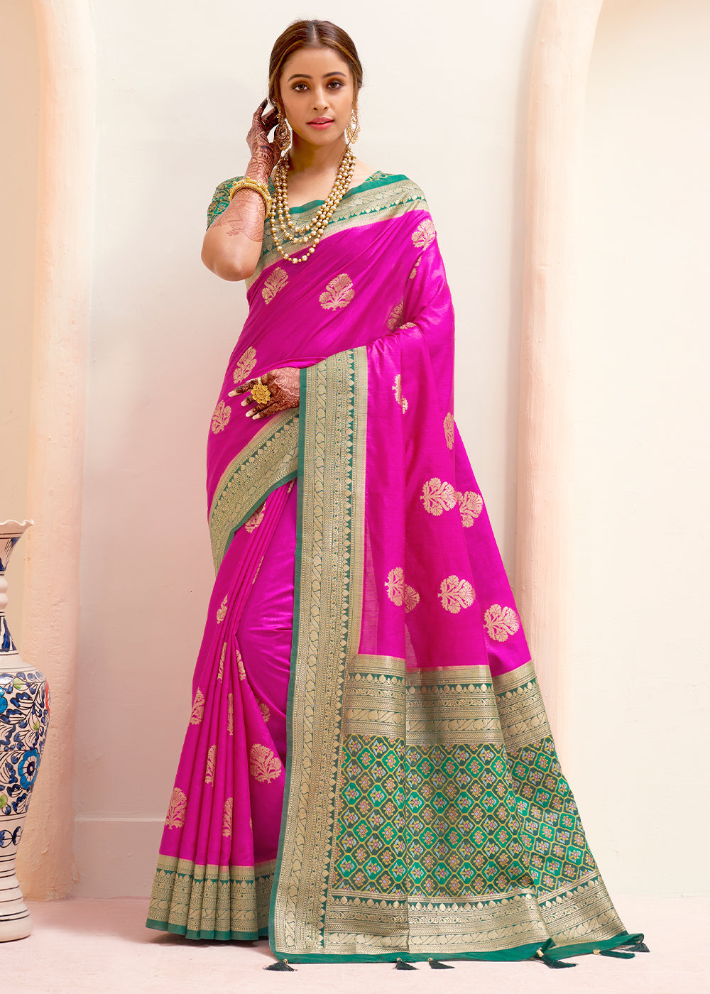 Buy MySilkLove Persian Pink and Green Zari Woven Banarasi Silk Saree Online