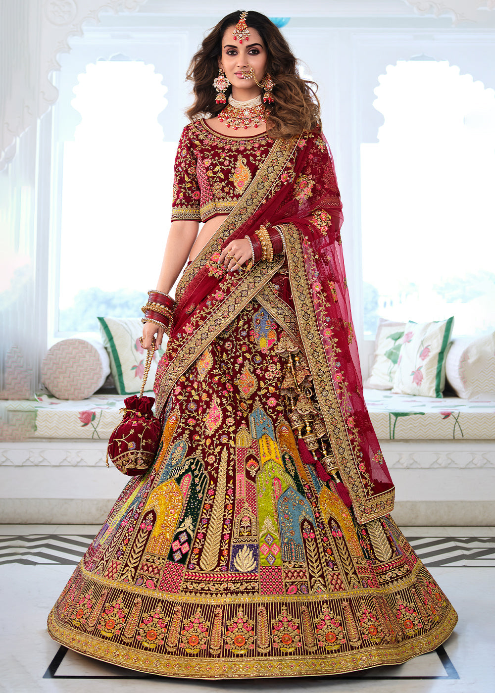 Buy MySilkLove Burnt Umber Maroon Heavy Embroidered Velvet Lehenga Online