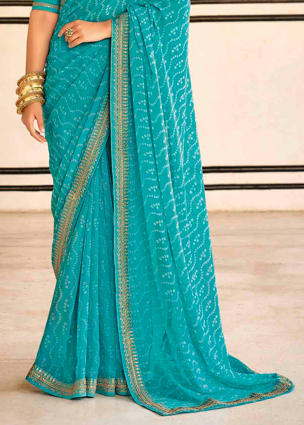 Buy MySilkLove Persian Blue Georgette Leheriya Printed Saree with Embroidered Blouse Online