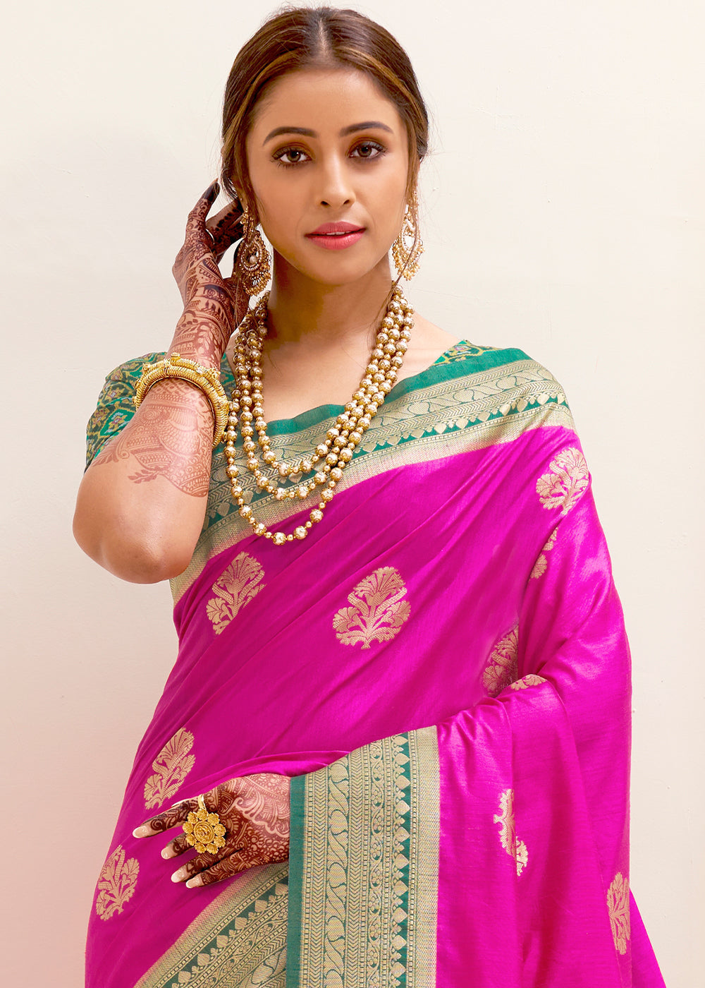 Buy MySilkLove Persian Pink and Green Zari Woven Banarasi Silk Saree Online