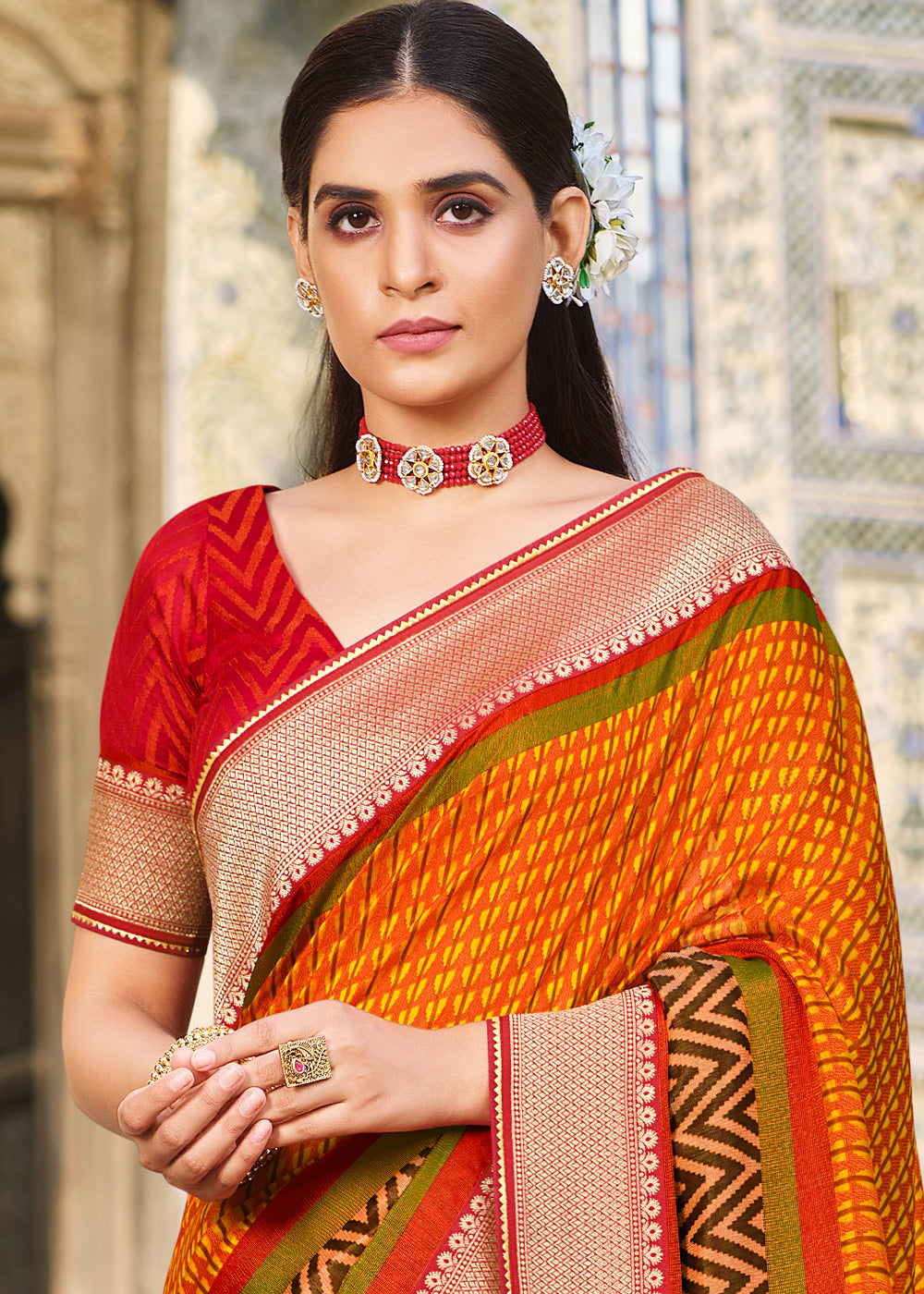 Buy MySilkLove Jaffa Orange and Red Brasso Patola Printed Saree Online